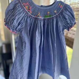 Petit Bebe Blue and Pink Smocked Dress with Embroidered Details